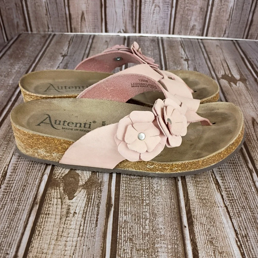Autenti by Penthalon Pink Leather Floral Sandals Cork Wedge Made in Spain 38